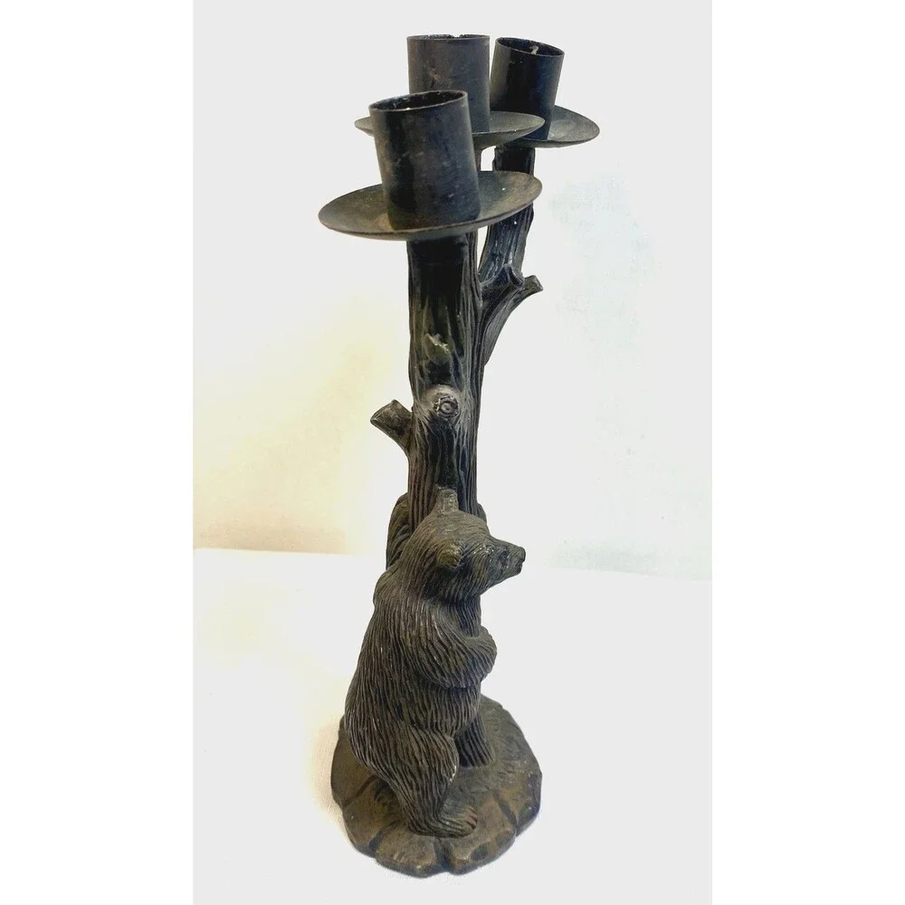 Black Bear Around Tree 11”Candleabrum MCM Candle Holder Rustic Woodland Mancave